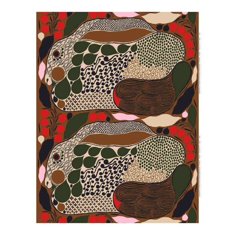 Marimekko Rusakko Coated Fabric, Brown - Dark Blue - Red 3 Marimekko Rusakko Coated Fabric, Brown - Dark Blue - Red