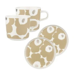Marimekko Oiva - Unikko Cup And Plate Set, 2 Pcs, White - Beige -silver